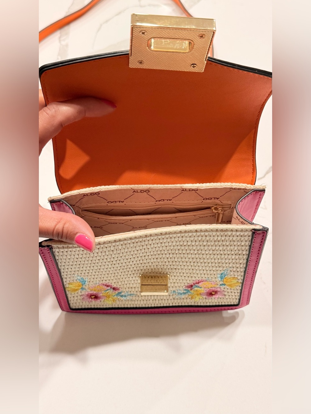 ALDO Floral Embroidered Straw Top Handle Crossbody Bag Pink Orange⁠ Strap - Picture 5 of 8